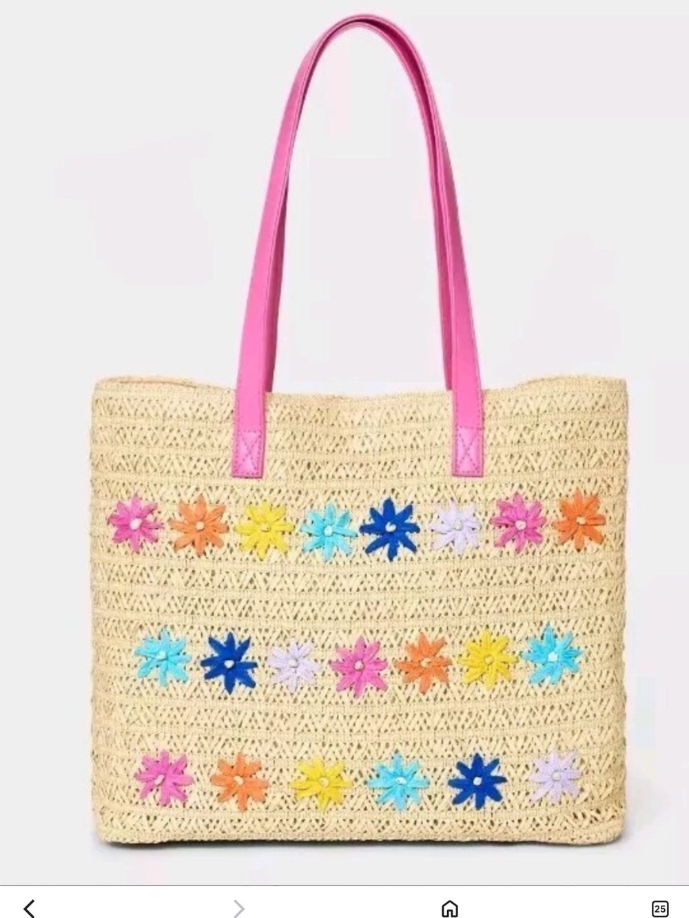 Cat & Jack Straw Tote Bag Pink Handles Colorful Flower Accents NWOT beach vacay